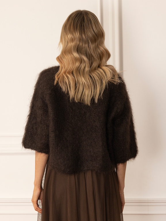 Moherowy brązowy sweter z rękawem 3/4