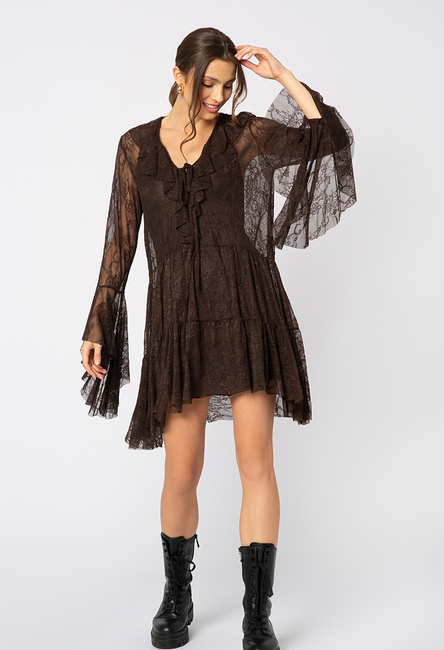 Brązowa koronkowa sukienka z halką
