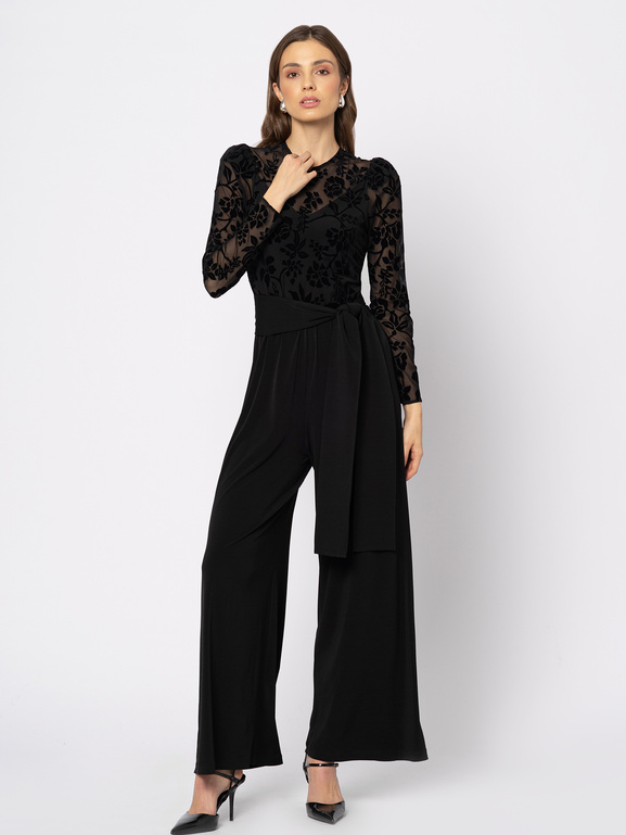 Czarny kombinezon z siatkową górą w flokowany wzór i kontrastowym kołnierzykiem Louise