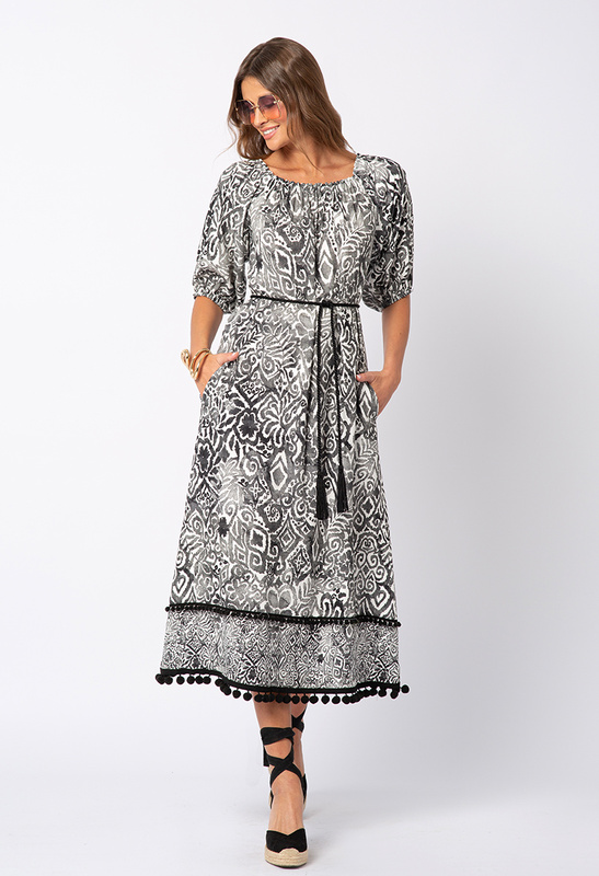 Szaro-biała sukienka hiszpanka z wiskozy z chwostem do wiązania Cynthia