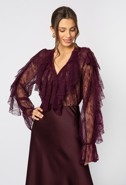 Koronkowa koszula z falbanami w kolorze oberżyny