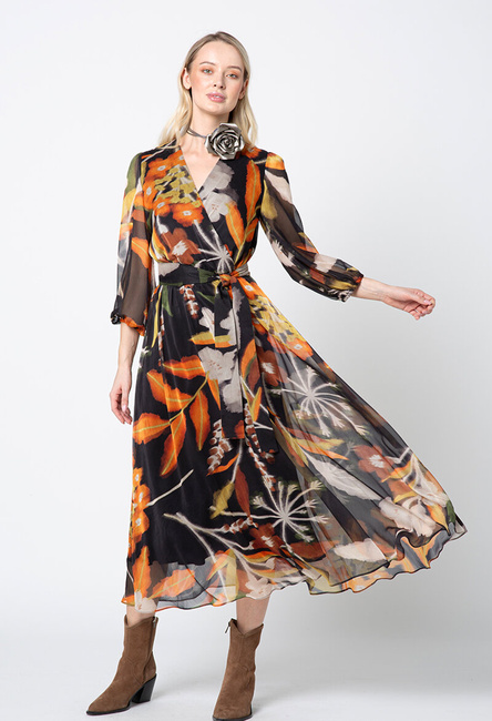 Czarna szyfonowa sukienka w pomarańczowe kwiaty Portobello