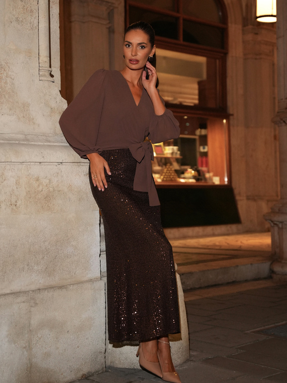 Brązowa sukienka z szyfonową górą i dołem z cekinów Mimosa