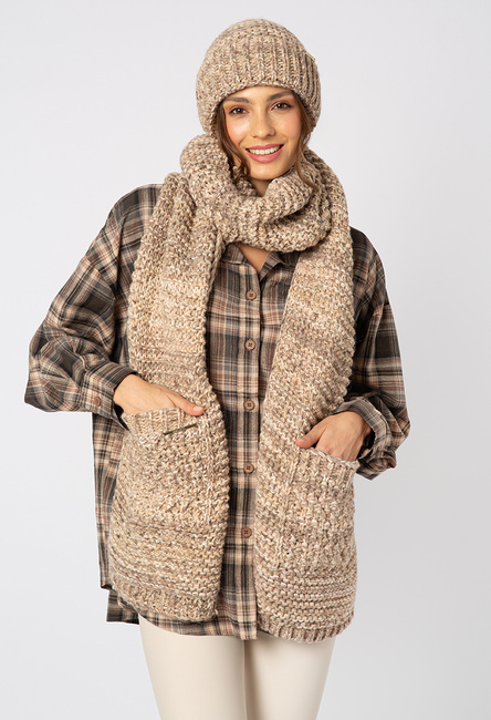 Szal w komplecie z czapką beżowy melanż