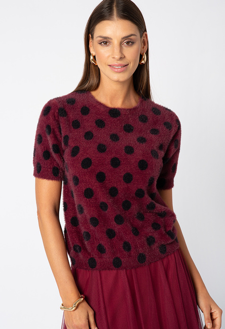 Pudełkowy bordowy sweter w groszki