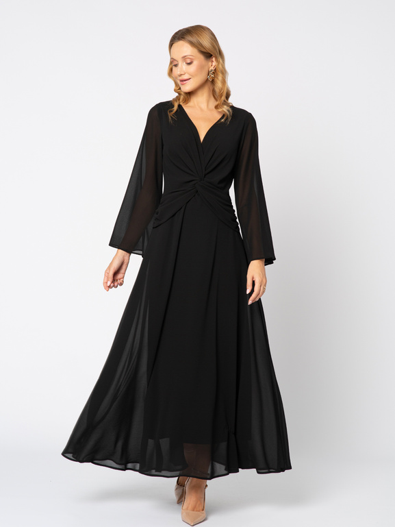 Czarna sukienka z ozdobną talią i szerszym rękawem Magdalene
