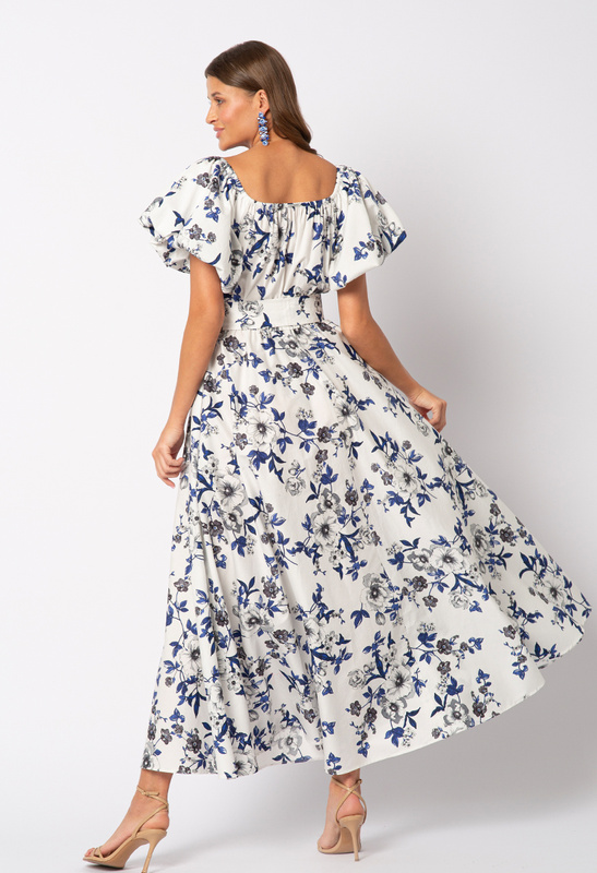 Biała sukienka z bawełny w granatowe kwiaty z bufiastym rękawkiem Marilla