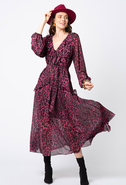 Długa sukienka z bordowego szyfonu w panterkę