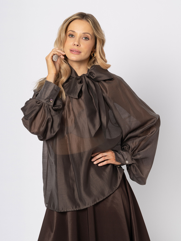 Brązowa bluzka z tencelu z wiązaniem przy szyi Toulouse