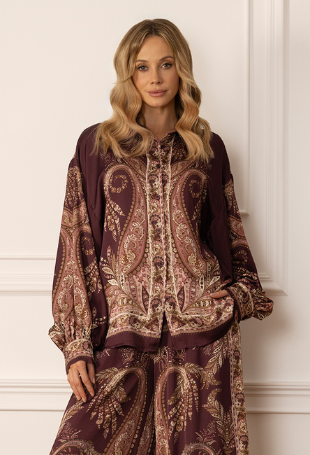 Bordowa koszula z wiskozy w beżowy wzór