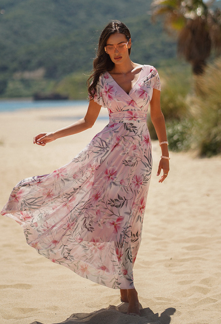 Różowa sukienka z siatki w kwiaty wiśni Risa