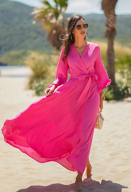 Różowa sukienka z szerszym rękawem wiskoza z lnem Pollyanna