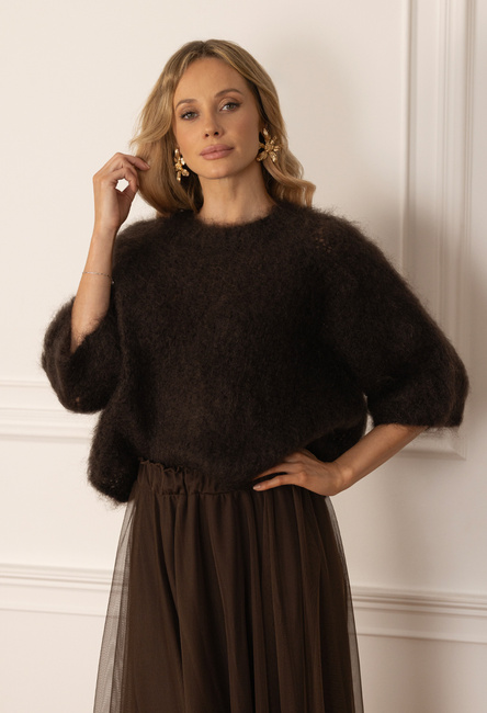 Moherowy brązowy sweter z rękawem 3/4