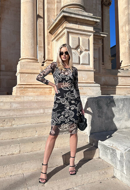 Czarna sukienka tuba z siatki w kwiatowy wzór ecru Georgine