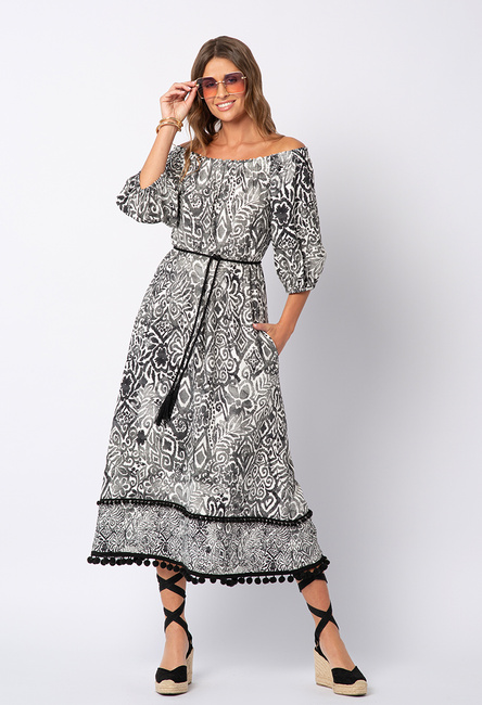 Szaro-biała sukienka hiszpanka z wiskozy z chwostem do wiązania Cynthia