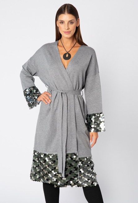 Szary kardigan z wstawkami z dużych cekinów