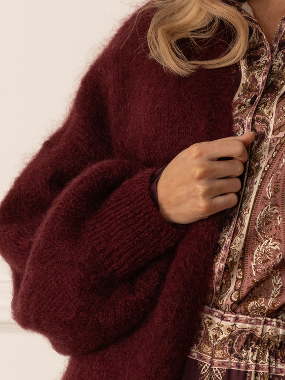 Długi bordowy moherowy sweter bez zapięcia