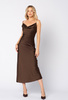 Czekoladowa satynowa sukienka ze skosu