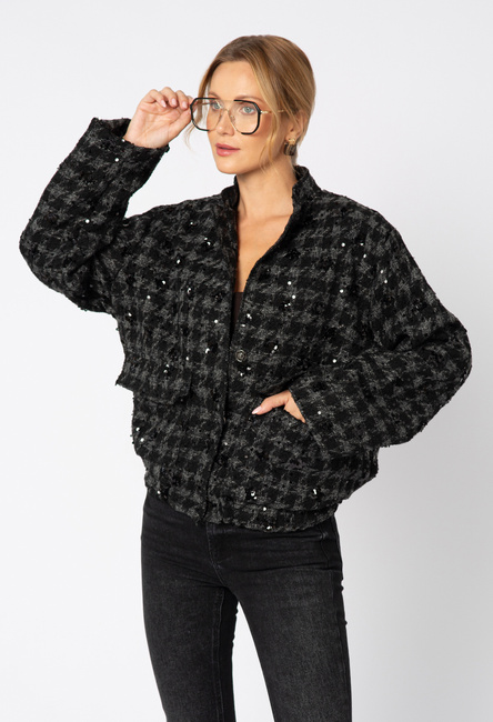 Szara kurtka w jodełkę w stylu bomberki