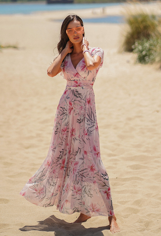 Różowa sukienka z siatki w kwiaty wiśni Risa