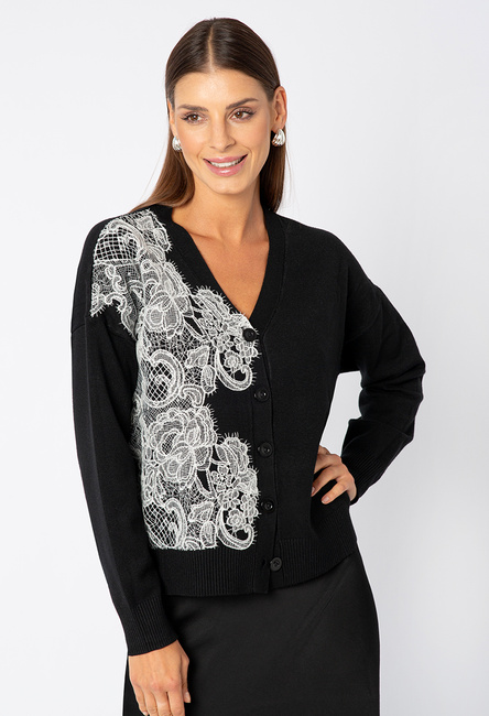 Rozpinany czarny sweter z koronką na boku