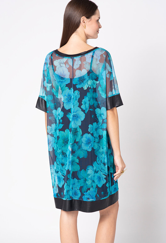 Sukienka z siatki w turkusowe kwiaty z halką Faustine