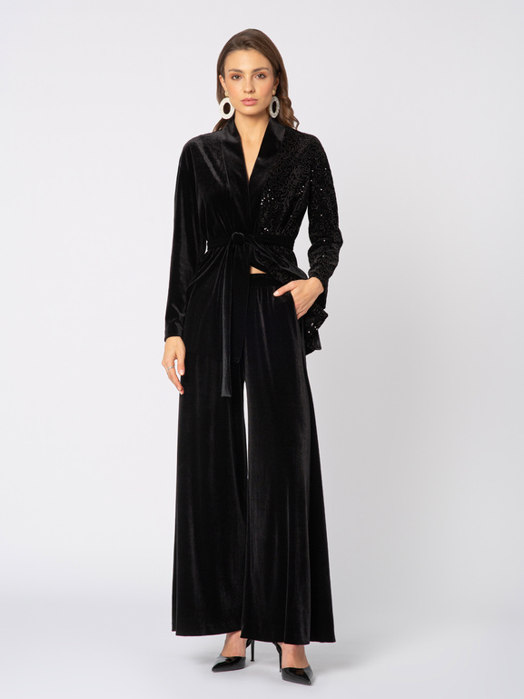 Czarne welurowe spodnie z szeroką nogawką Serge