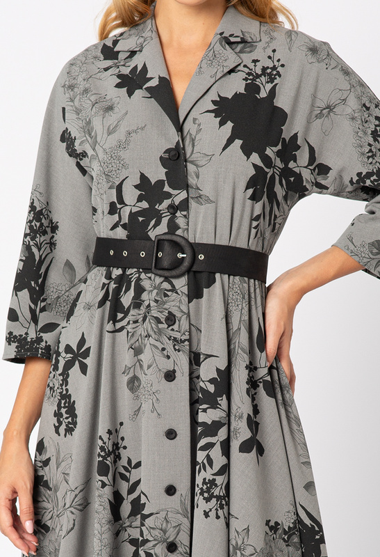 Szara sukienka w czarne kwiaty z paskiem Élisa