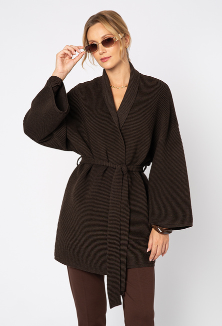 Brązowy kardigan z prążkowanej dzianiny