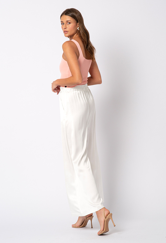 Satynowe spodnie ecru z szeroką nogawką Elle