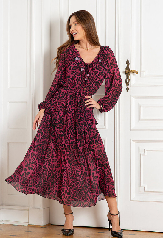 Długa sukienka z bordowego szyfonu w panterkę