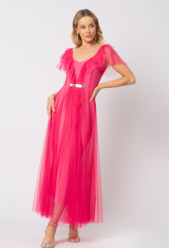 Sukienka z różowej siatki z ozdobną klamrą Florence