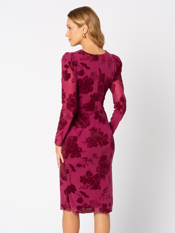 Bordowa sukienka z kwiatowym flockiem Tosca