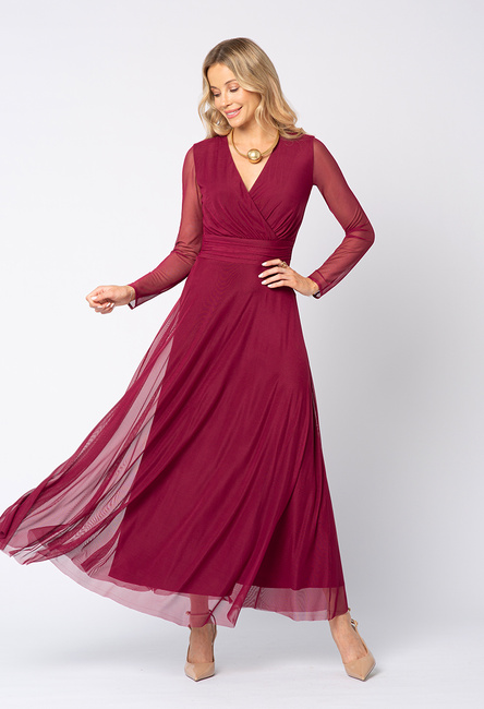 Długa bordowa sukienka z drapowaniem w talii Alice