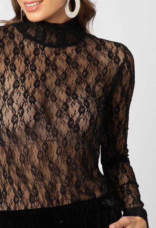 Transparentny czarny golf z elastycznej koronkowej siatki