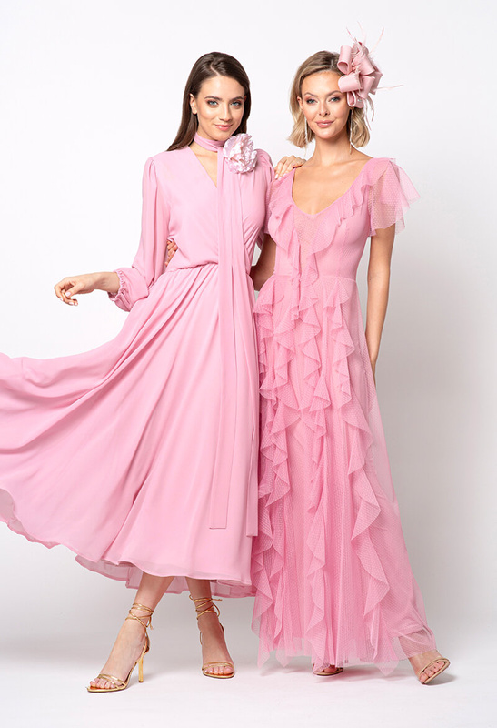 Sukienka pudrowy róż z tiulu w drobne groszki Malou