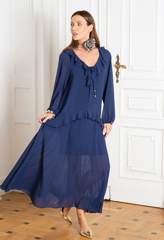 Długa sukienka z granatowego szyfonu Madeleine