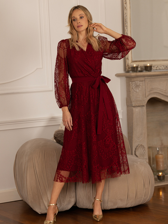 Bordowa sukienka z koronki z paskiem Yvette