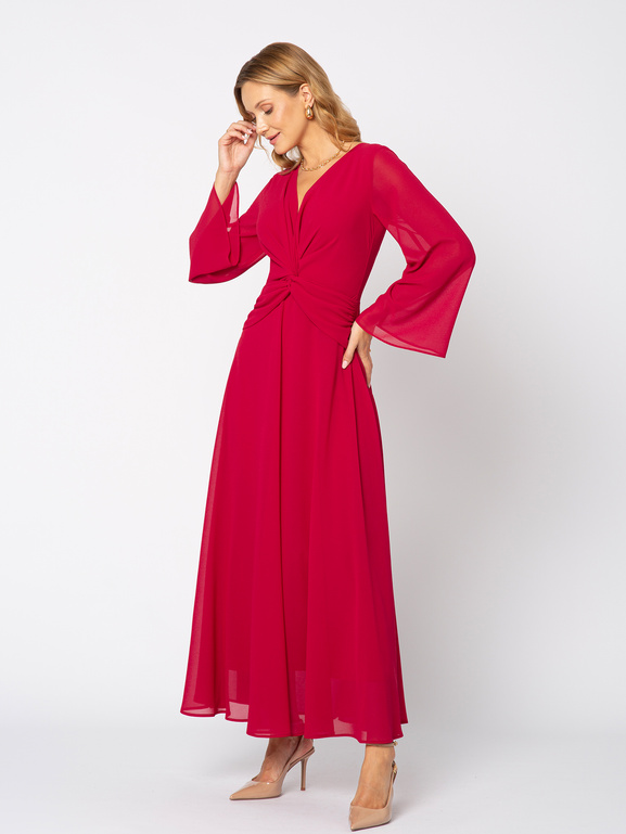 Sukienka w kolorze karminowym z ozdobną talią i szerszym rękawem Magdalene