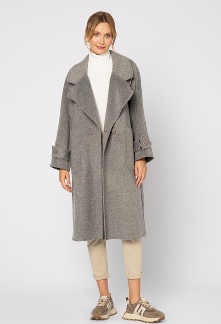 Szary płaszcz z dużymi kieszeniami