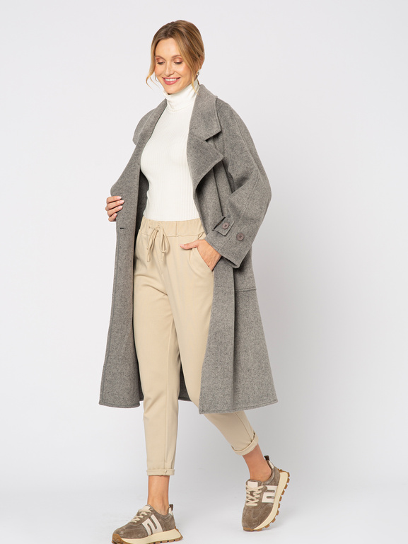 Szary wełniany płaszcz z dużymi kieszeniami bez podszewki