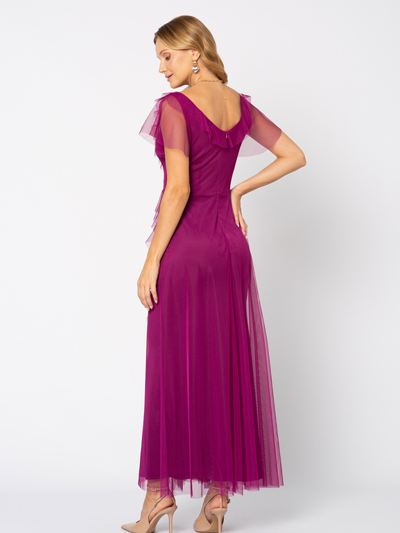 Sukienka z purpurowej siatki z falbanami Malou