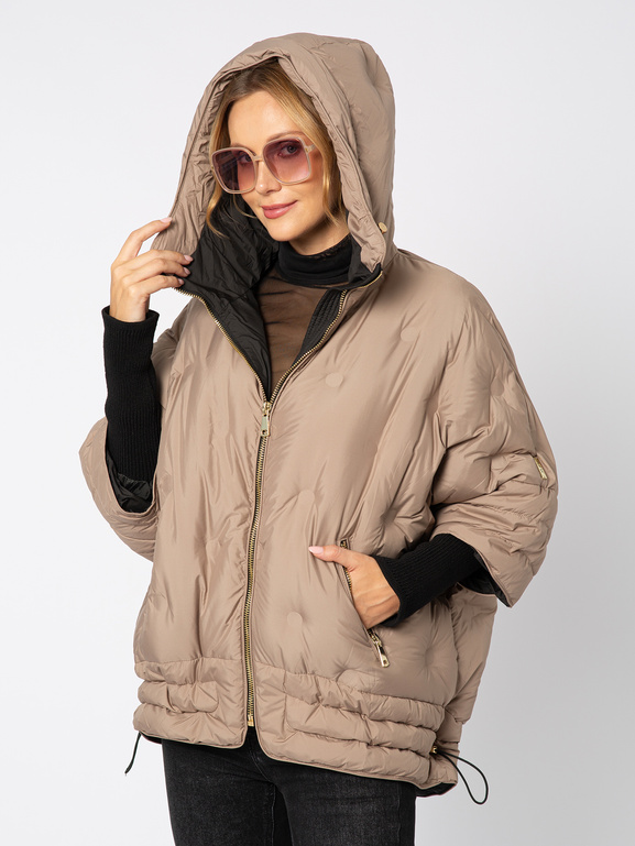 Beżowa puchowa kurtka z kapturem i rękawem ze ściągacza