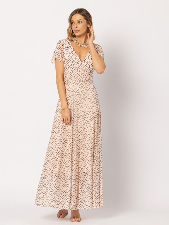 Nakrapiana beżowa sukienka z dekoltem w serek