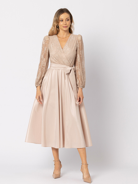 Beżowa sukienka z koronkową górą wiązana