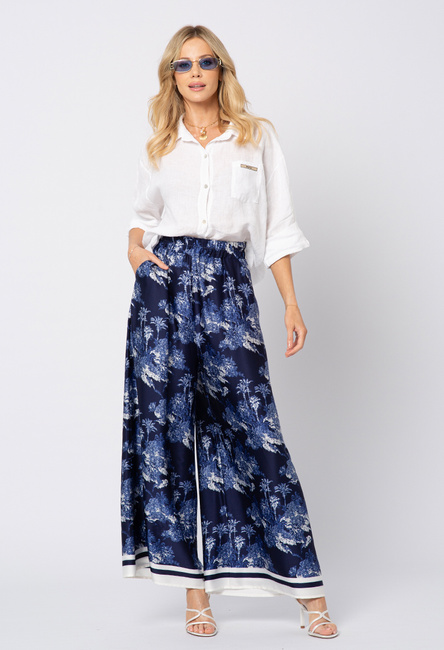 Satynowe szerokie spodnie w niebieski wzór Imany