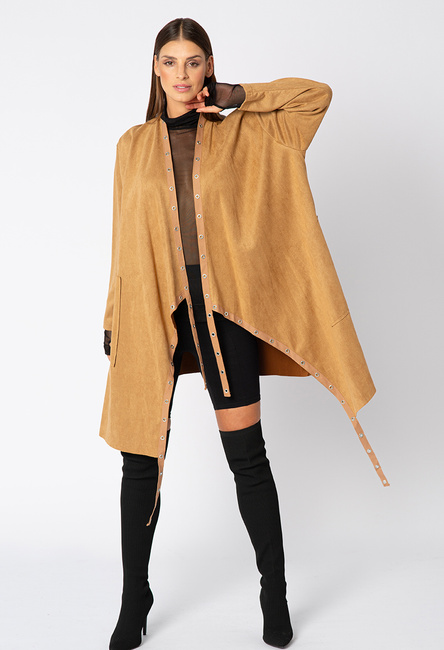 Beżowy kardigan z ozdobnymi taśmami