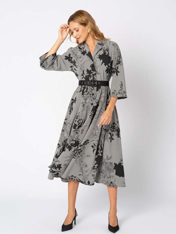 Szara sukienka w czarne kwiaty z paskiem Élisa