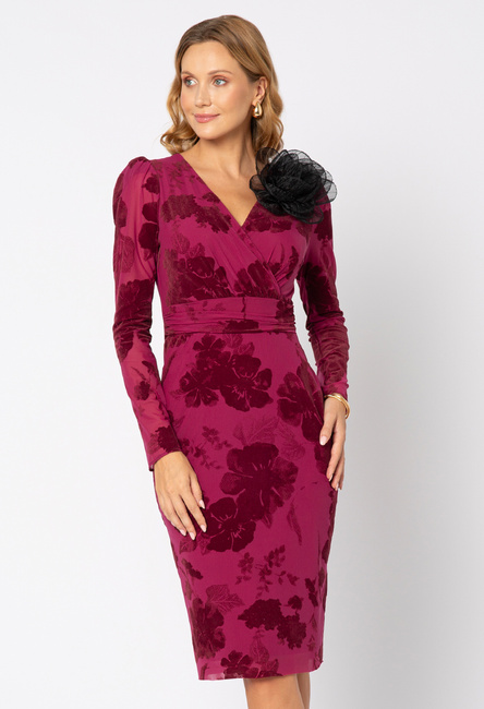 Bordowa sukienka z kwiatowym flockiem Tosca