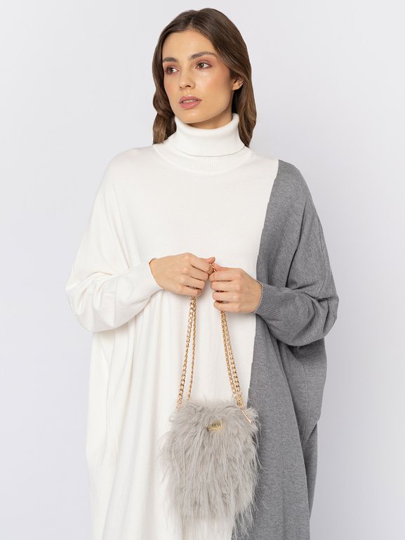 Ecru sukienka z dzianiny z szarym pasem